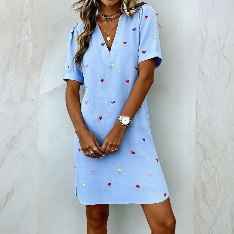 Liora Heart-Print V-Neck Mini Dress – Puff Sleeve Lightweight Casual Dress
