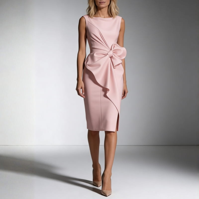 Anna Soft-Touch Sheath Midi Dress – Sculpted Bow Detail Silhouette