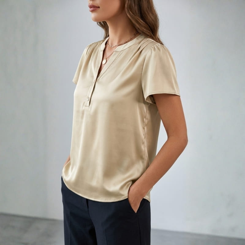 Leora Silk Satin V-Neck Blouse – Luxe Draped Office Top