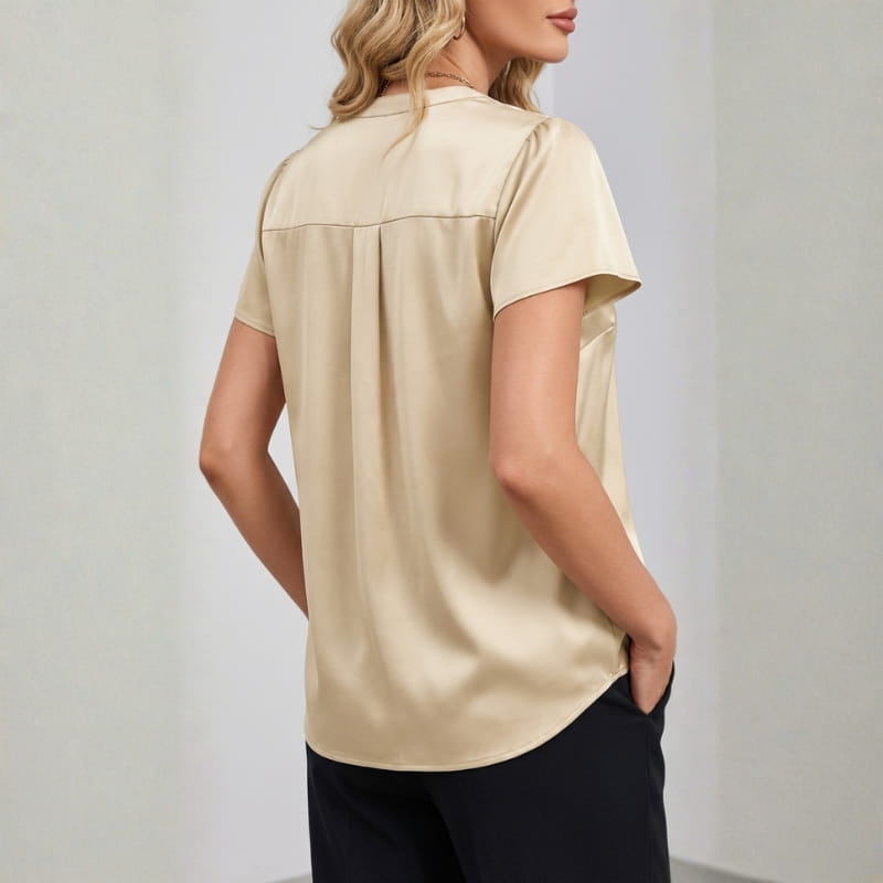 Leora Silk Satin V-Neck Blouse – Luxe Draped Office Top