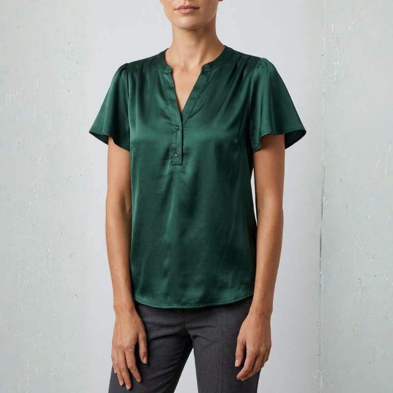 Leora Silk Satin V-Neck Blouse – Luxe Draped Office Top