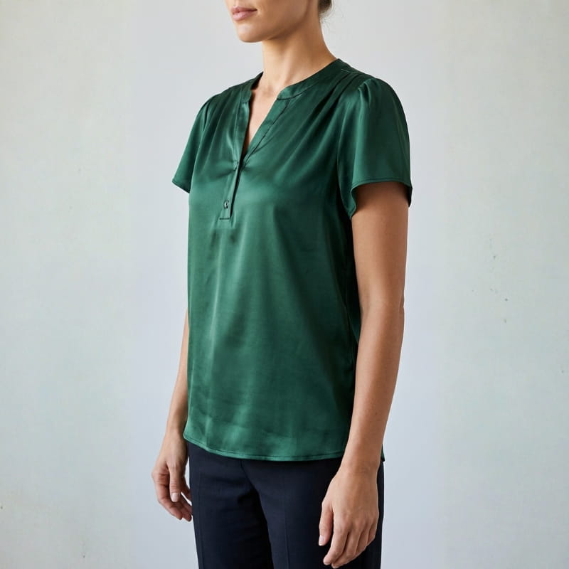 Leora Silk Satin V-Neck Blouse – Luxe Draped Office Top