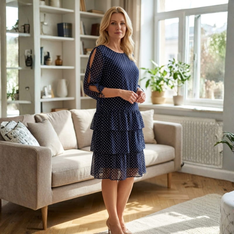 Emelyn Polka Dot Ruffle Dress – Tiered Midi with Tie Sleeve Detail
