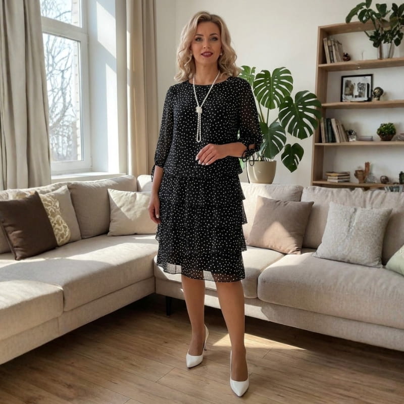 Emelyn Polka Dot Ruffle Dress – Tiered Midi with Tie Sleeve Detail