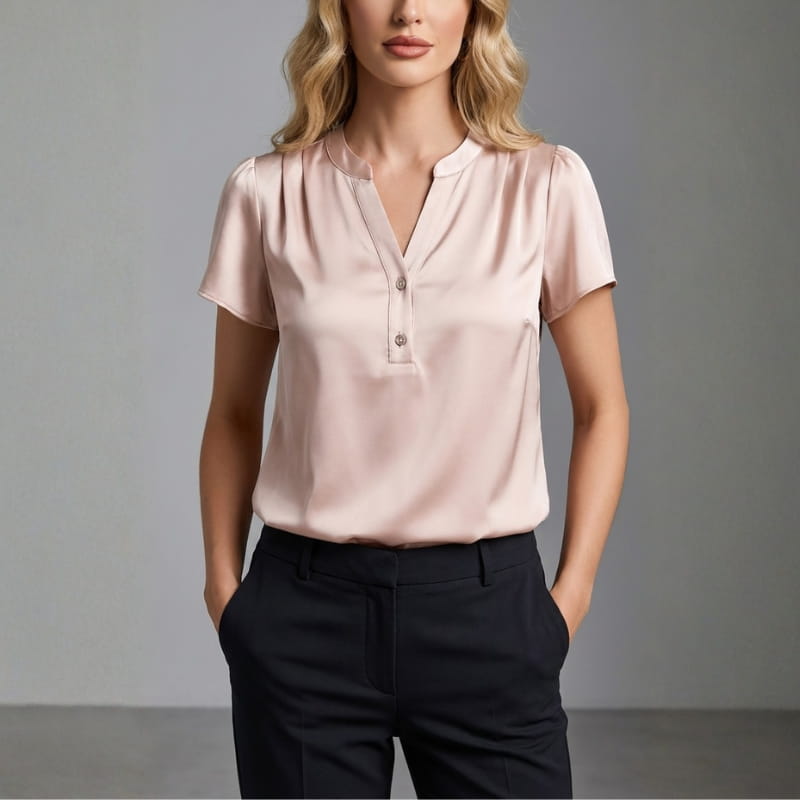 Leora Silk Satin V-Neck Blouse – Luxe Draped Office Top
