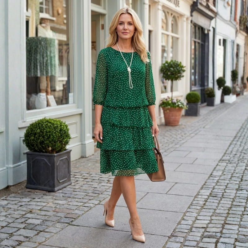 Emelyn Polka Dot Ruffle Dress – Tiered Midi with Tie Sleeve Detail