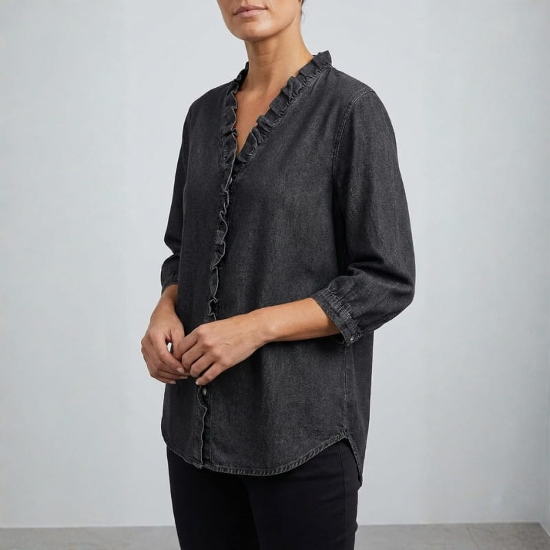 Floraine Women's Denim Ruffle Blouse – Soft V-Neck Top