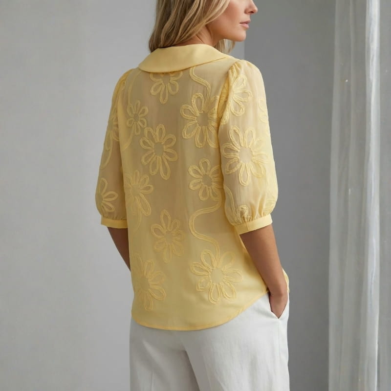 Viniela Women's Floral Textured Blouse – Cotton Button Down Round Collar Top