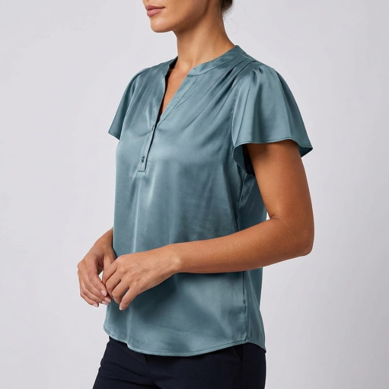 Leora Silk Satin V-Neck Blouse – Luxe Draped Office Top