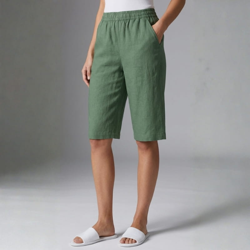 Emerald Linen Knee Shorts – Breathable High Waisted Summer Shorts