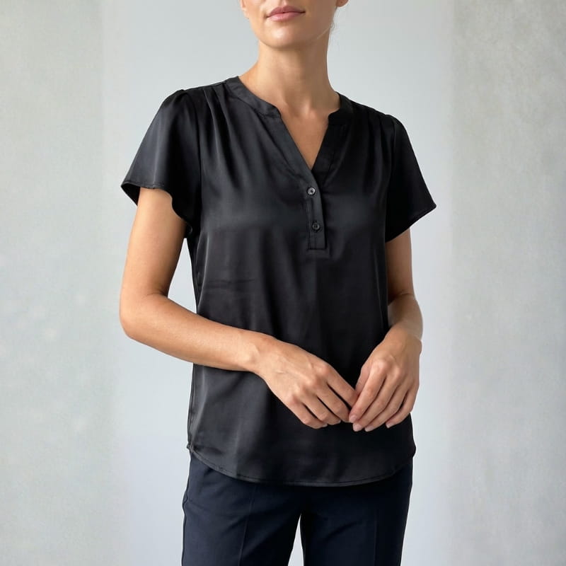 Leora Silk Satin V-Neck Blouse – Luxe Draped Office Top