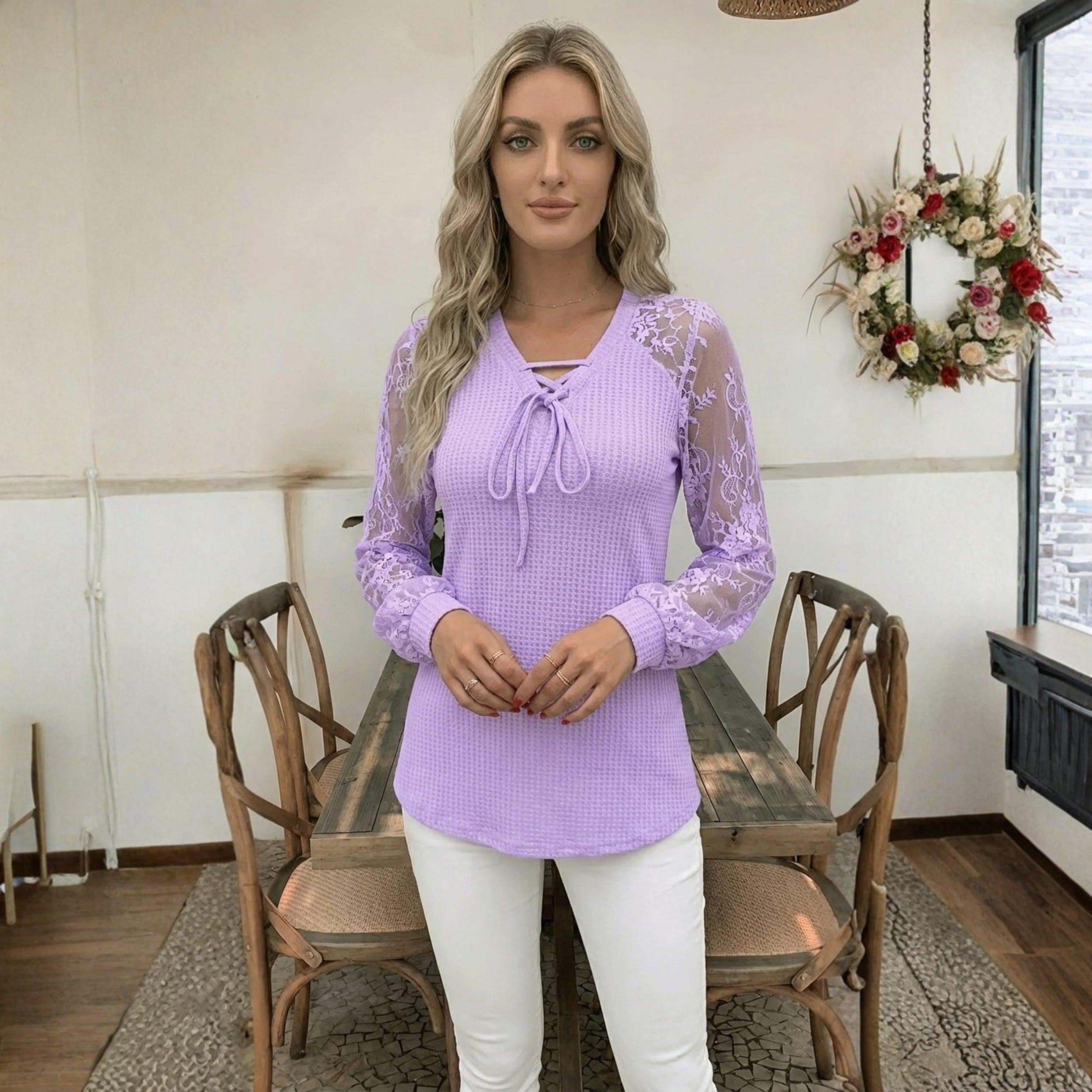Lysandra Intricate Floral Lace Knit Blouse – Premium Knit Blouse for Seasonal Wear