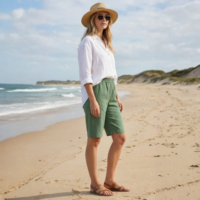 Emerald Linen Knee Shorts – Breathable High Waisted Summer Shorts