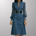 Celestine Sheer-Sleeve Midi Dress – Flattering Structured Denim Midi Dress