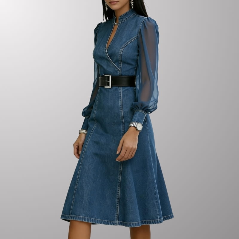 Celestine Sheer-Sleeve Midi Dress – Flattering Structured Denim Midi Dress