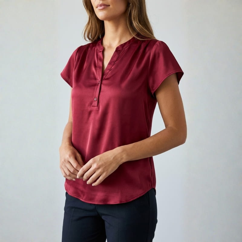 Leora Silk Satin V-Neck Blouse – Luxe Draped Office Top