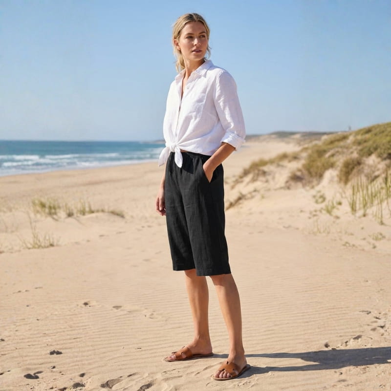 Emerald Linen Knee Shorts – Breathable High Waisted Summer Shorts