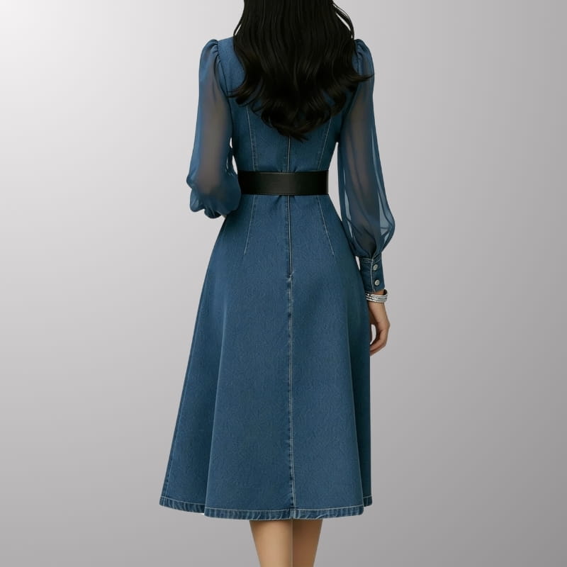 Celestine Sheer-Sleeve Midi Dress – Flattering Structured Denim Midi Dress