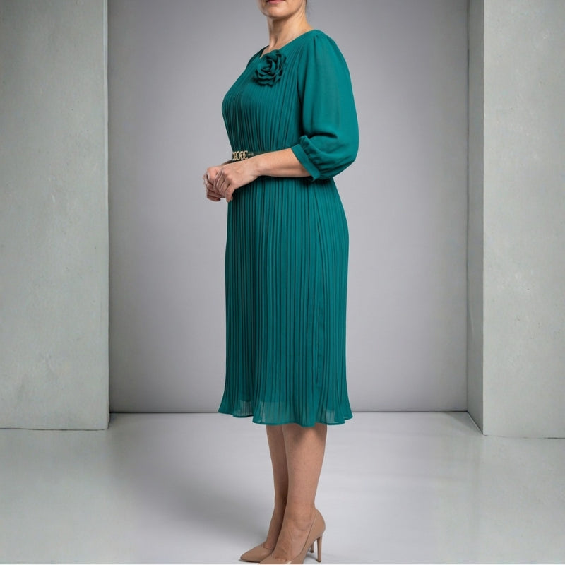 Asha Belted Pleated Midi Dress – Elegant Versatile Day-to-Night Dress