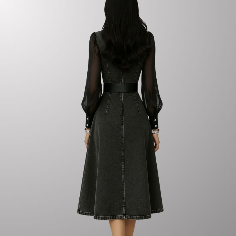 Celestine Sheer-Sleeve Midi Dress – Flattering Structured Denim Midi Dress