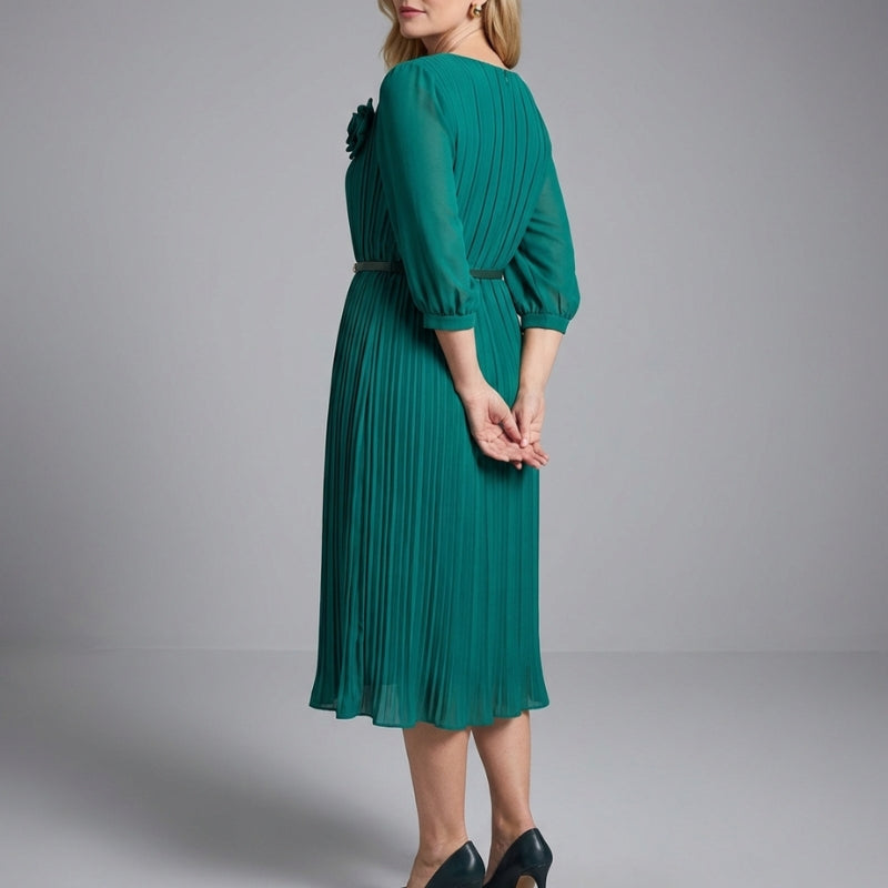 Asha Belted Pleated Midi Dress – Elegant Versatile Day-to-Night Dress