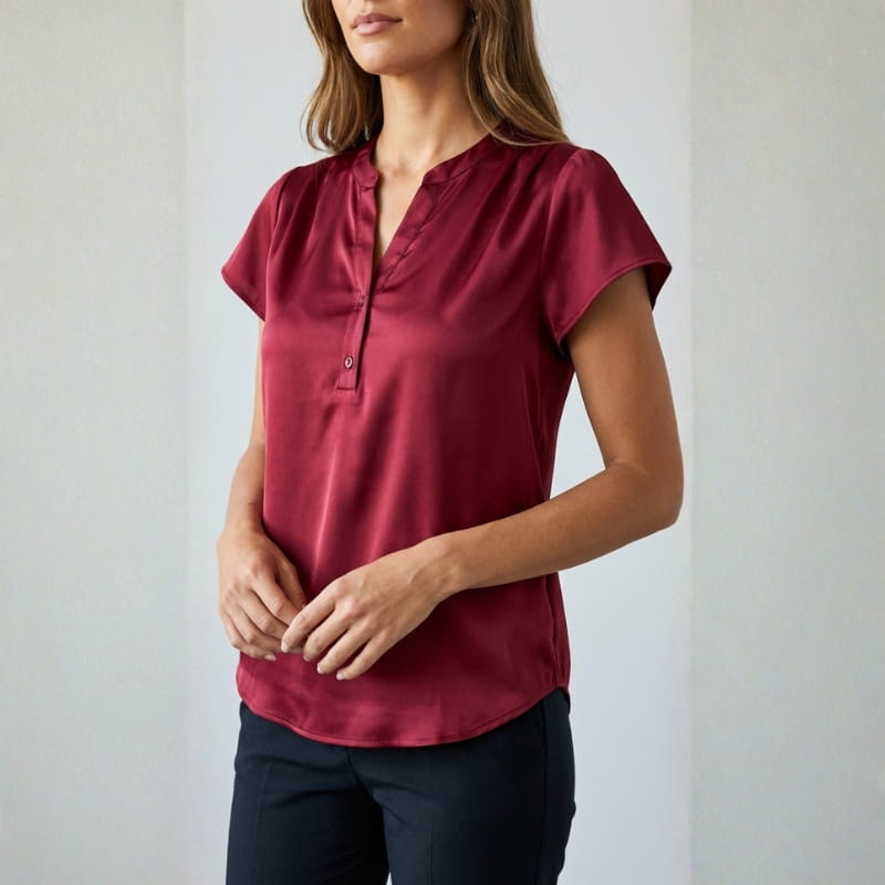 Leora Silk Satin V-Neck Blouse – Luxe Draped Office Top