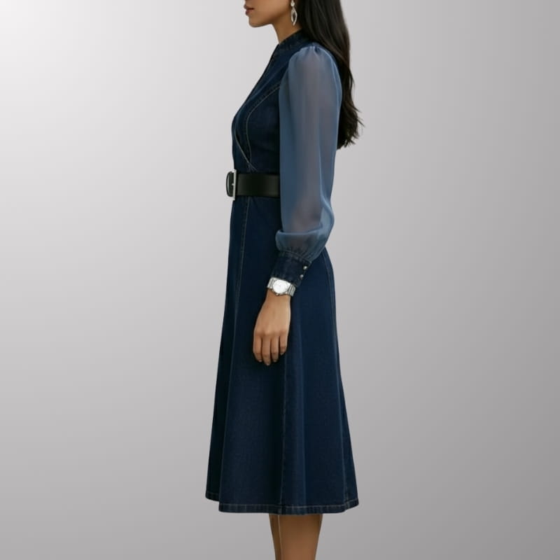 Celestine Sheer-Sleeve Midi Dress – Flattering Structured Denim Midi Dress