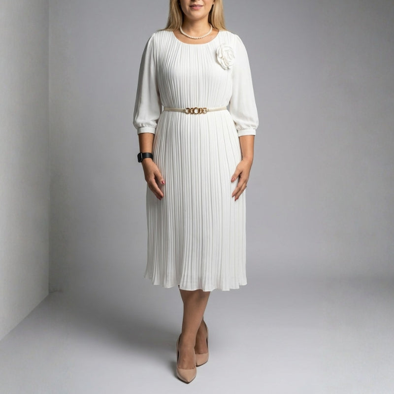 Asha Belted Pleated Midi Dress – Elegant Versatile Day-to-Night Dress