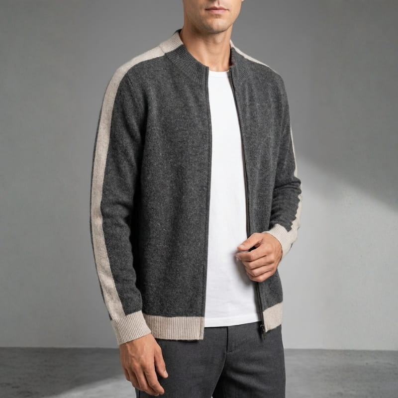 Elly Men’s Cashmere Jacket – Lightweight Zip-Up with Contrast Sleeve Detail