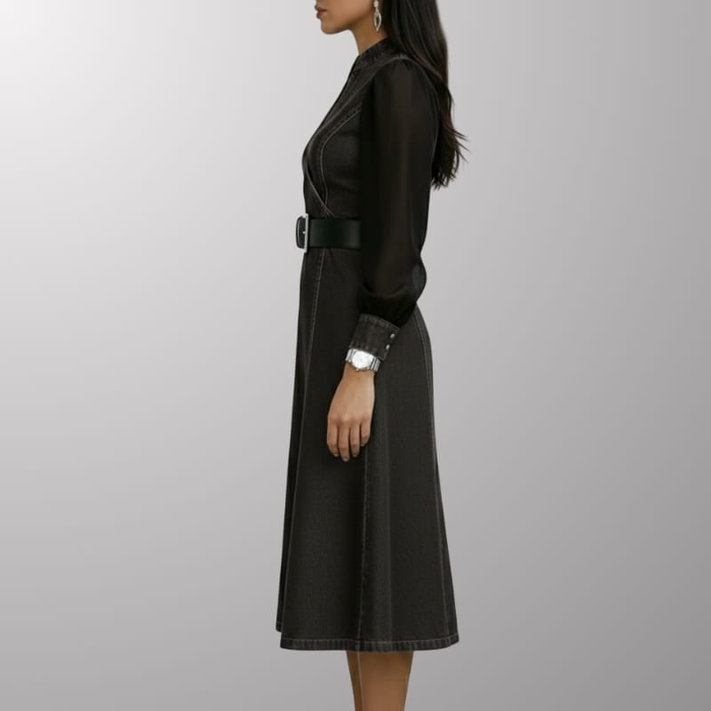 Celestine Sheer-Sleeve Midi Dress – Flattering Structured Denim Midi Dress