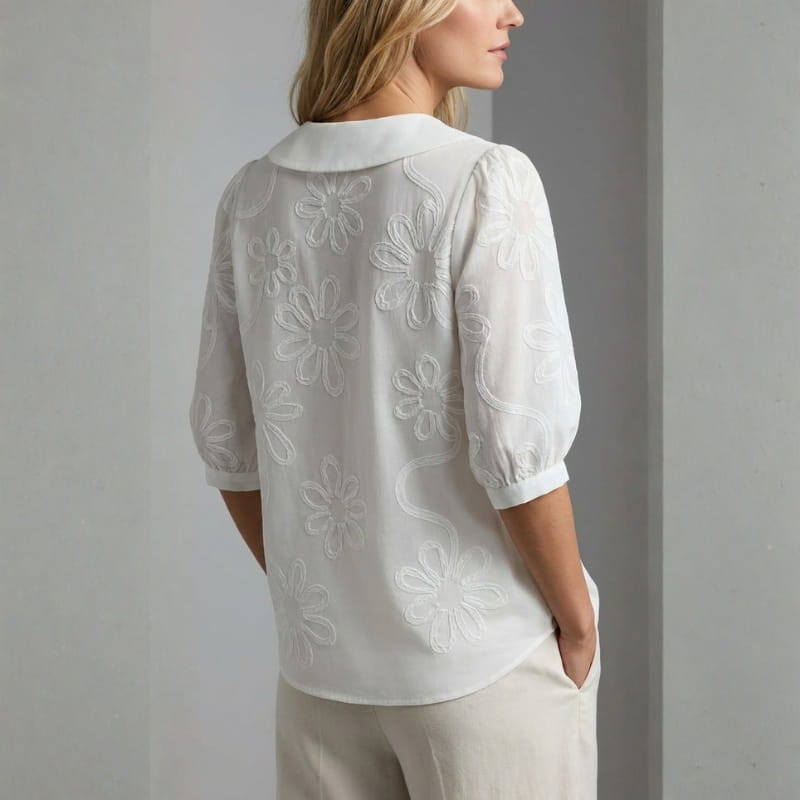 Viniela Women's Floral Textured Blouse – Cotton Button Down Round Collar Top