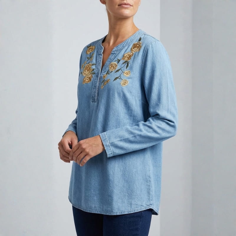 Shila Women's Floral Denim Shirt – Soft Breathable Button Down Blouse