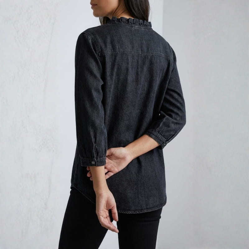 Floraine Women's Denim Ruffle Blouse – Soft V-Neck Top