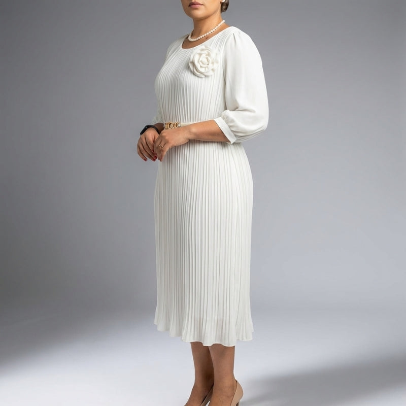 Asha Belted Pleated Midi Dress – Elegant Versatile Day-to-Night Dress