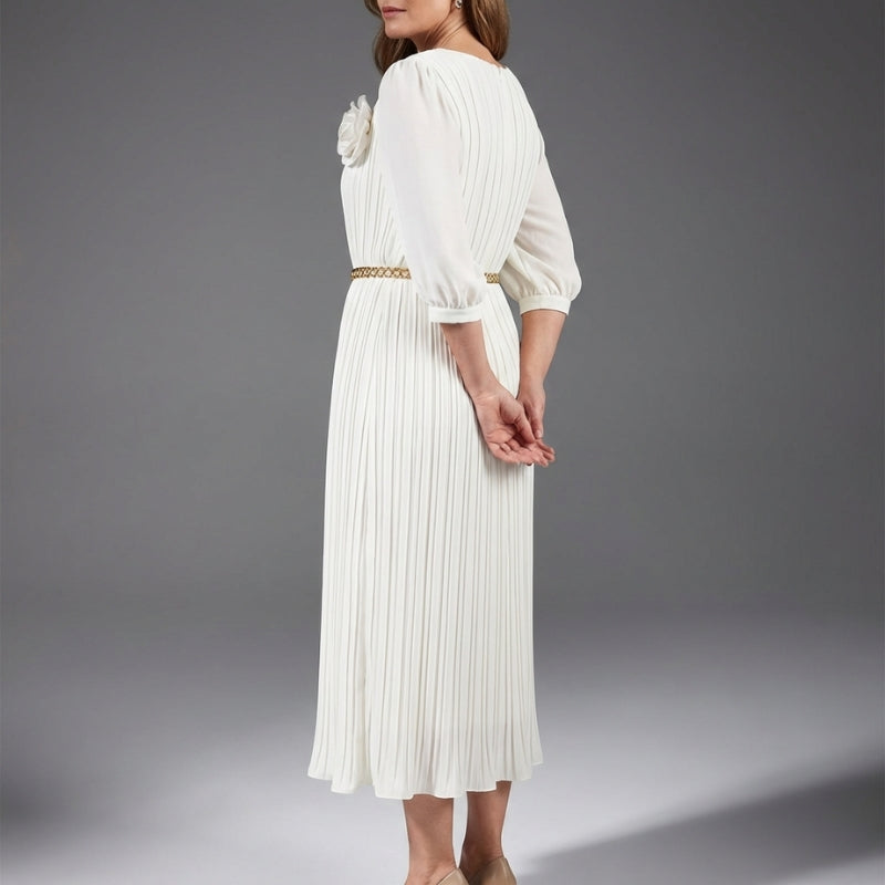 Asha Belted Pleated Midi Dress – Elegant Versatile Day-to-Night Dress