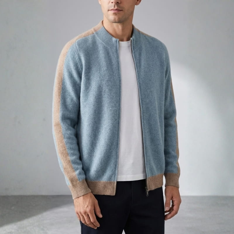 Elly Men’s Cashmere Jacket – Lightweight Zip-Up with Contrast Sleeve Detail