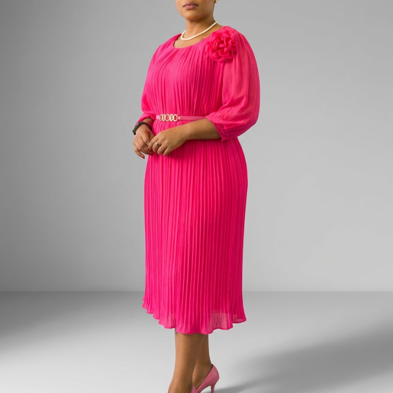 Asha Belted Pleated Midi Dress – Elegant Versatile Day-to-Night Dress