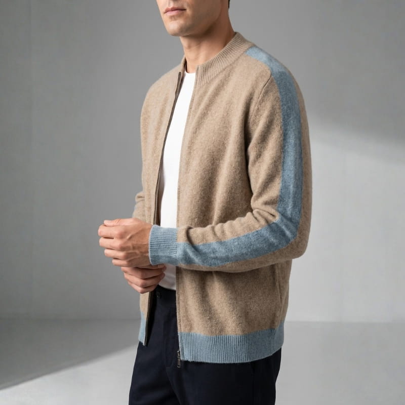 Elly Men’s Cashmere Jacket – Lightweight Zip-Up with Contrast Sleeve Detail