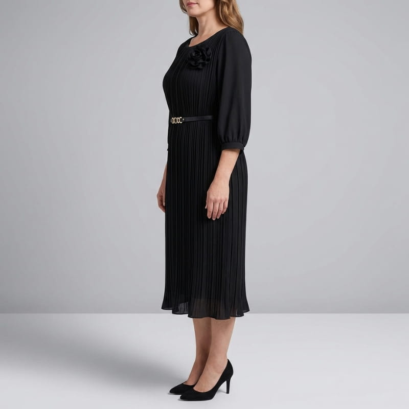 Asha Belted Pleated Midi Dress – Elegant Versatile Day-to-Night Dress