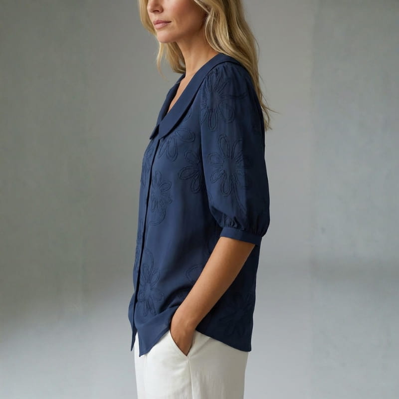 Viniela Women's Floral Textured Blouse – Cotton Button Down Round Collar Top