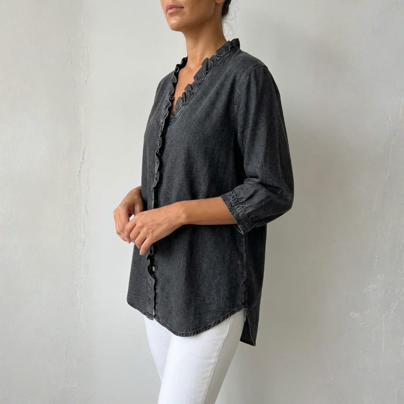 Floraine Women's Denim Ruffle Blouse – Soft V-Neck Top