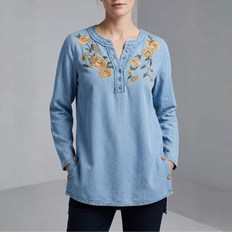 Shila Women's Floral Denim Shirt – Soft Breathable Button Down Blouse