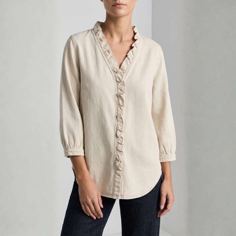 Floraine Women's Denim Ruffle Blouse – Soft V-Neck Top