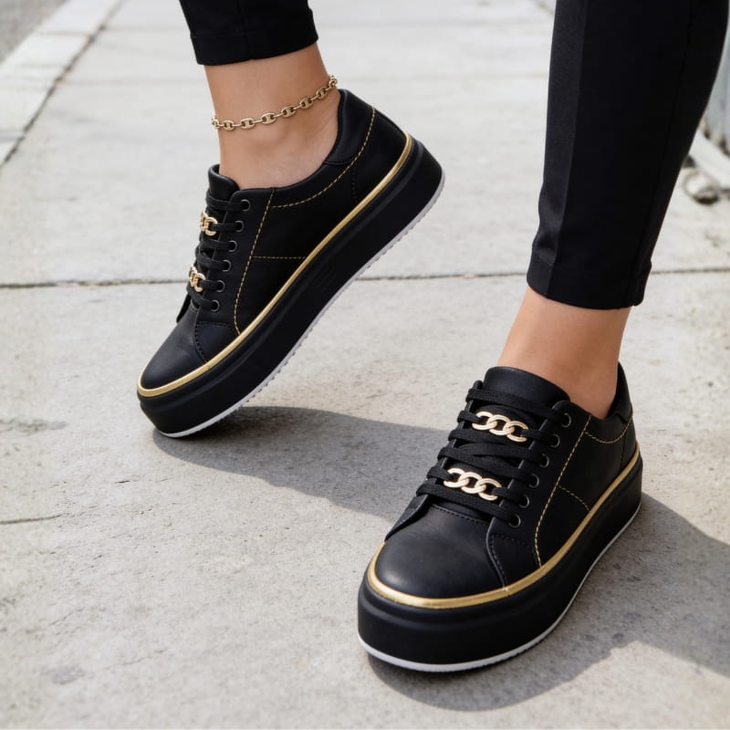 Aria Belmont Chain Platform Sneakers - Leather Statement Casual Shoes
