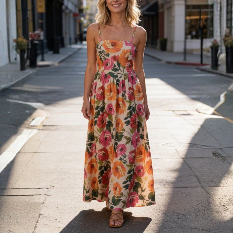 Vivienne Floral Print Maxi Dress – Gathered Waist Silhouette