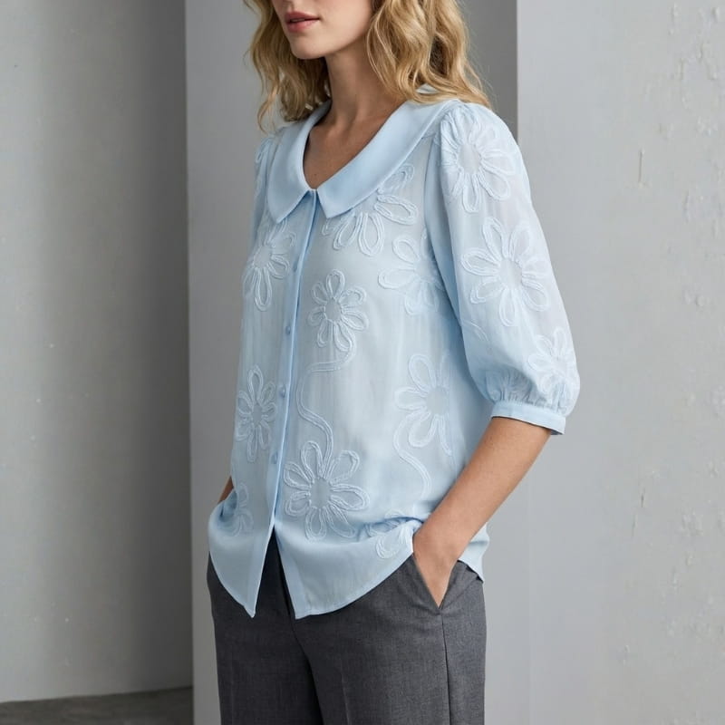 Viniela Women's Floral Textured Blouse – Cotton Button Down Round Collar Top