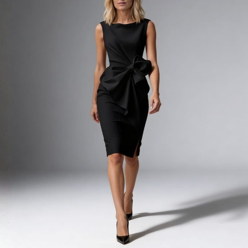 Anna Soft-Touch Sheath Midi Dress – Sculpted Bow Detail Silhouette