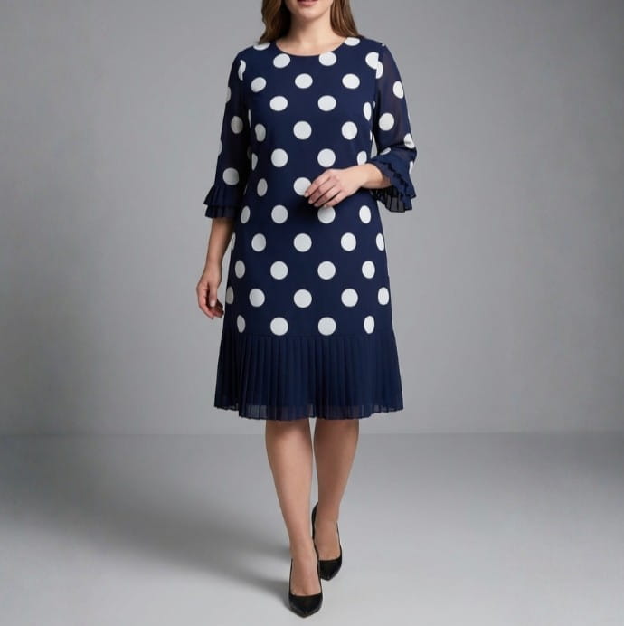 Penelope Pleated Polka Dot Midi Dress – Lightweight Chiffon Day Dress