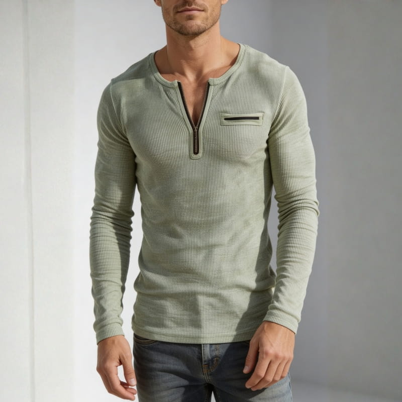 Ruben Slim Fit Ribbed Knit Shirt – Stretch Zip-Neck Long Sleeve