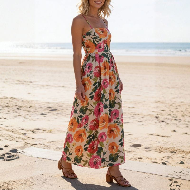 Vivienne Floral Print Maxi Dress – Gathered Waist Silhouette